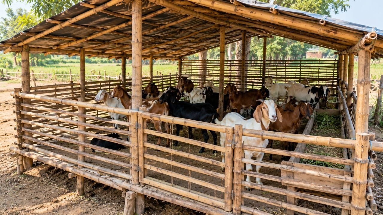 बकरियों के रहने का बांस और बल्लियों की मदद से बाड़े का निर्माण