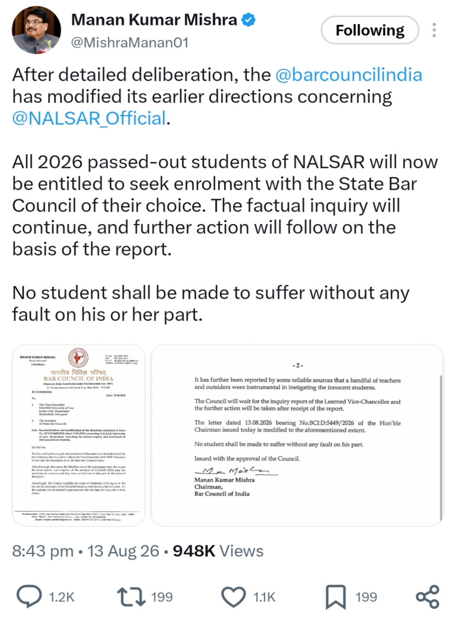 NALSAR 2026 Batch: 24 घंटे में कैसे बदला BCI का रुख? बैन से लेकर क्लीन चिट तक की पूरी कहानी शेयर की गई X पोस्ट
